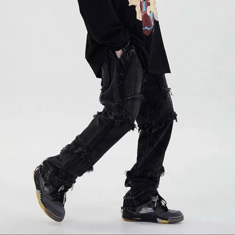 Broken Black Denim Street Pants